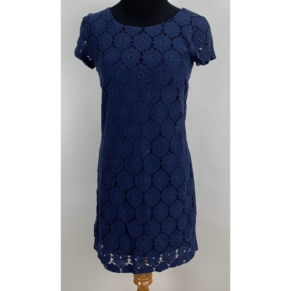 SHERAGANO Womens Navy Blue‎ Lace Crochet Boho Dress Long Sleeve Belt Size 6 New
